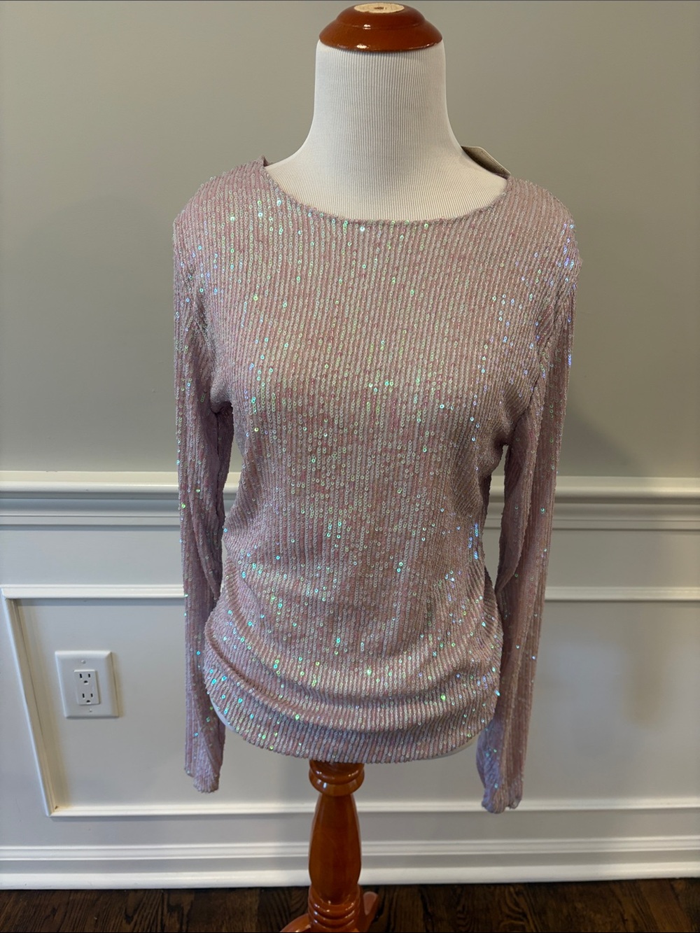 Free People Pink Sequin Ribbed Long Sleeve Top